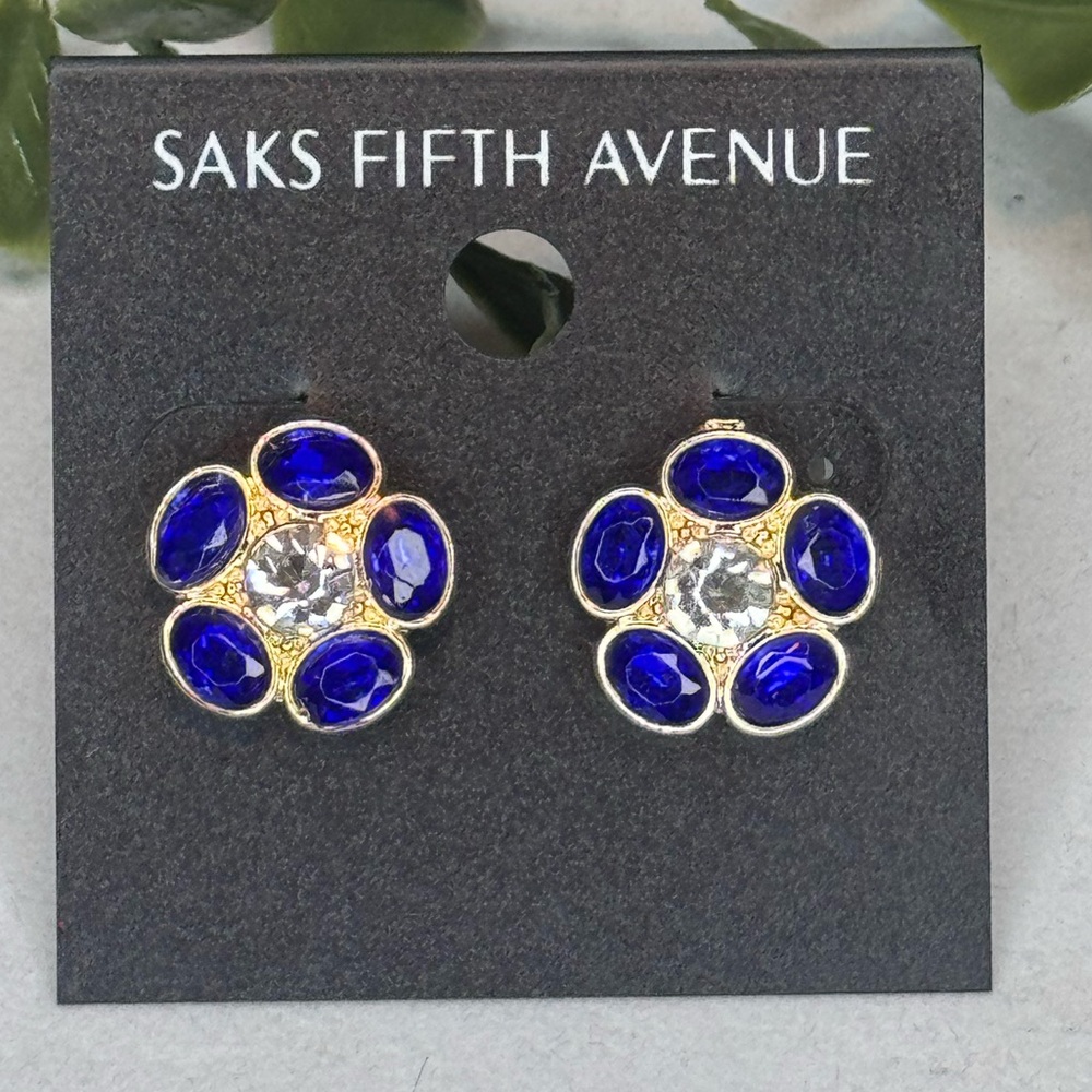 Saks Fifth Ave Gold Tone Blue Crystal Flower Post Earrings